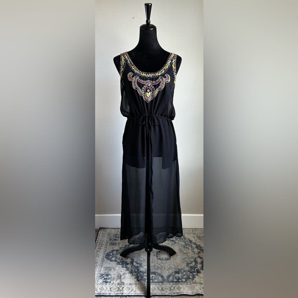 6SHOREROAD Black Sheer Drop Waist Tank Beaded Swimsuit Cover-up Size S